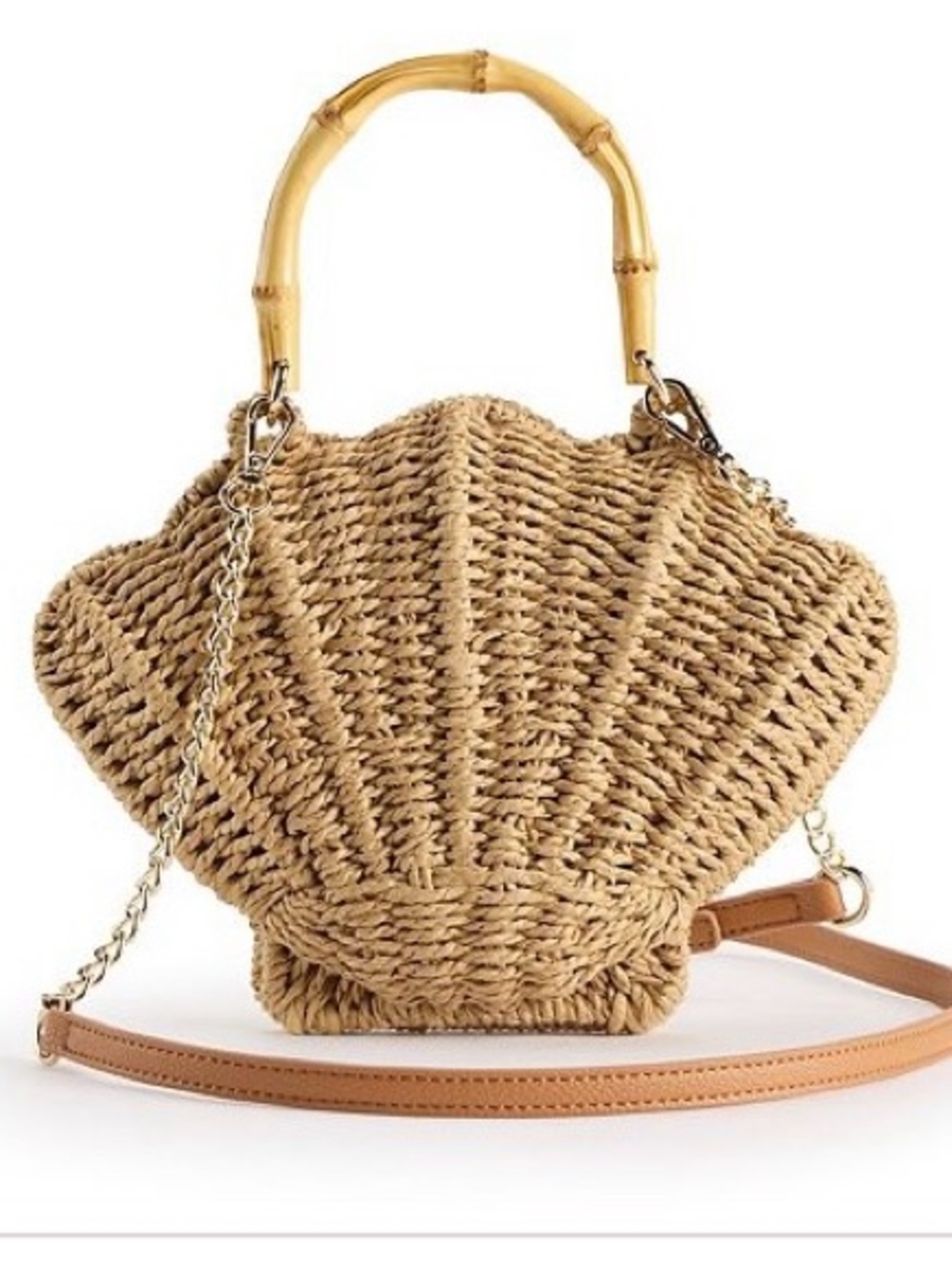 Lauren Conrad Natural Tan Straw Shell Handbag with Bamboo Handle NEW NWT - Picture 1 of 5